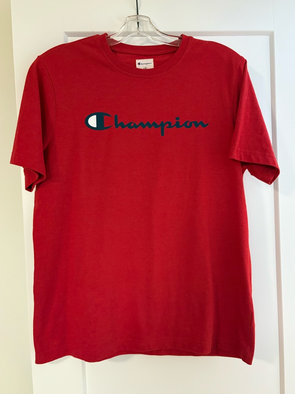 Champion Red Crewneck Tee with Blue Logo Tag